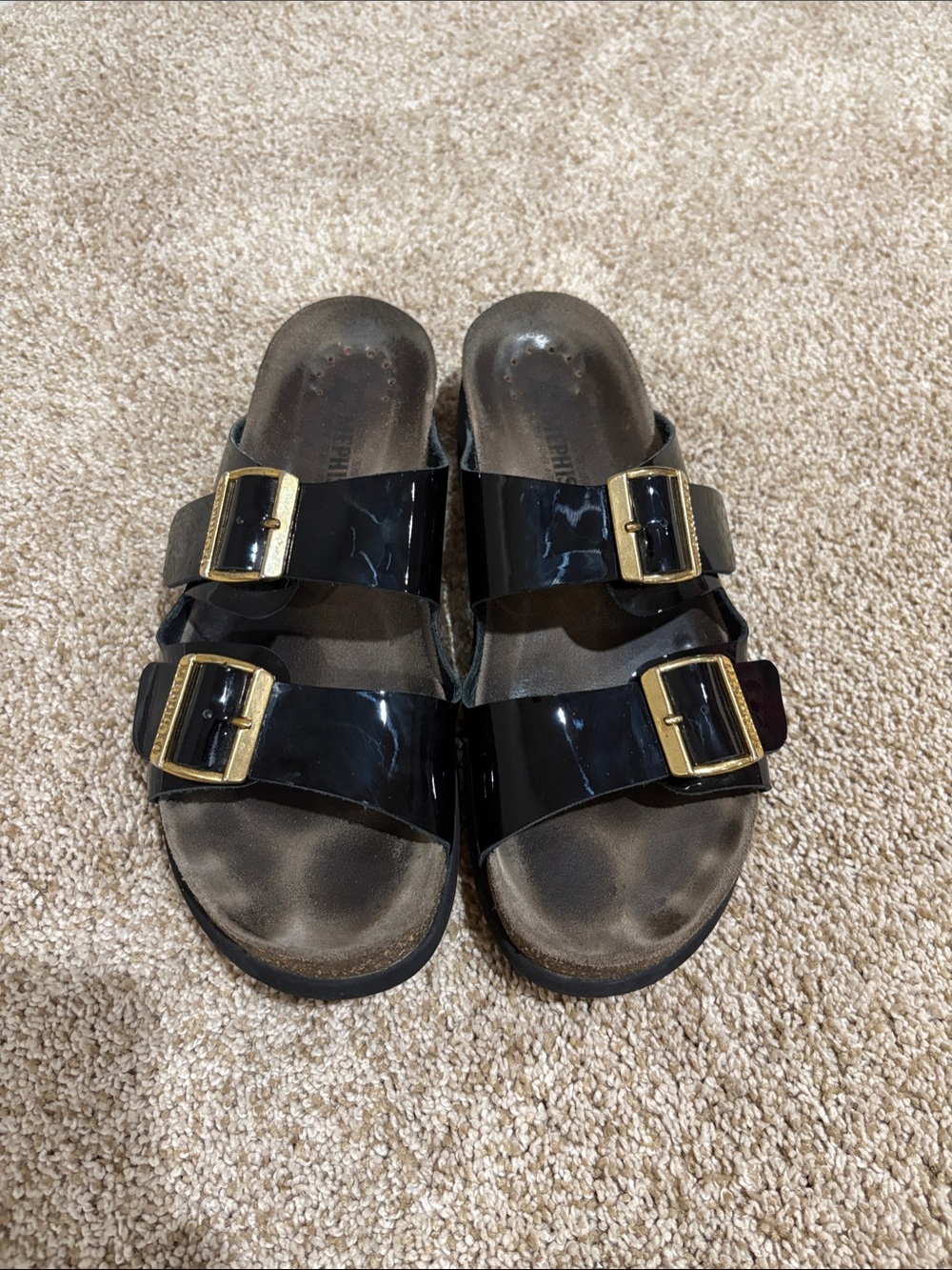 Mephisto Hester Black Patent Double-Strap Sandals with Gold Buckles - Size 42